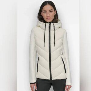 DKNY Women's Hooded Puffer Jacket Scuba Sleeves White Size M
